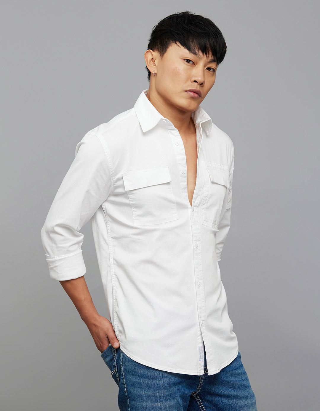 White Full Sleeves Cargo Shirt