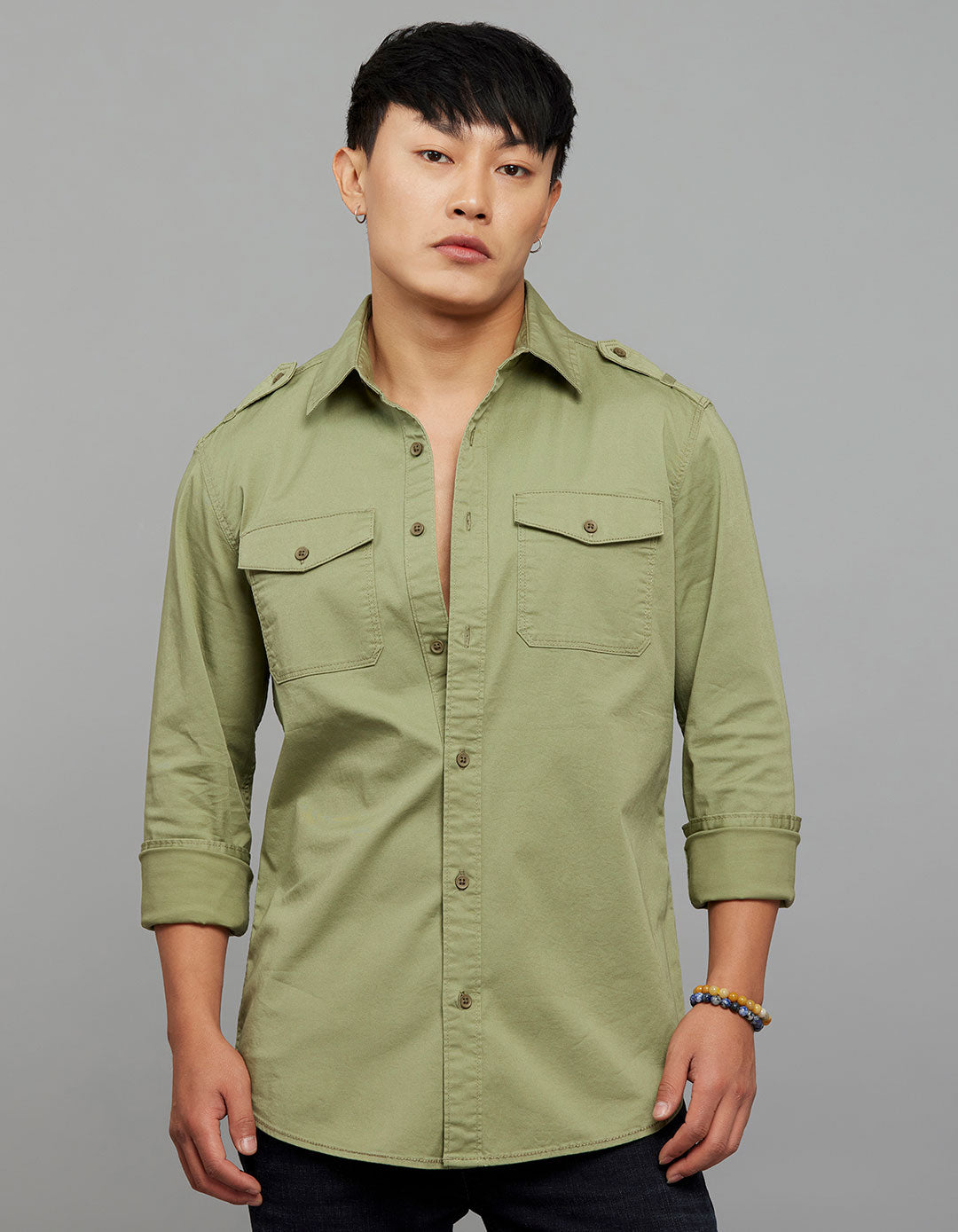 Oil Green  Full Sleeves Cargo Shirt