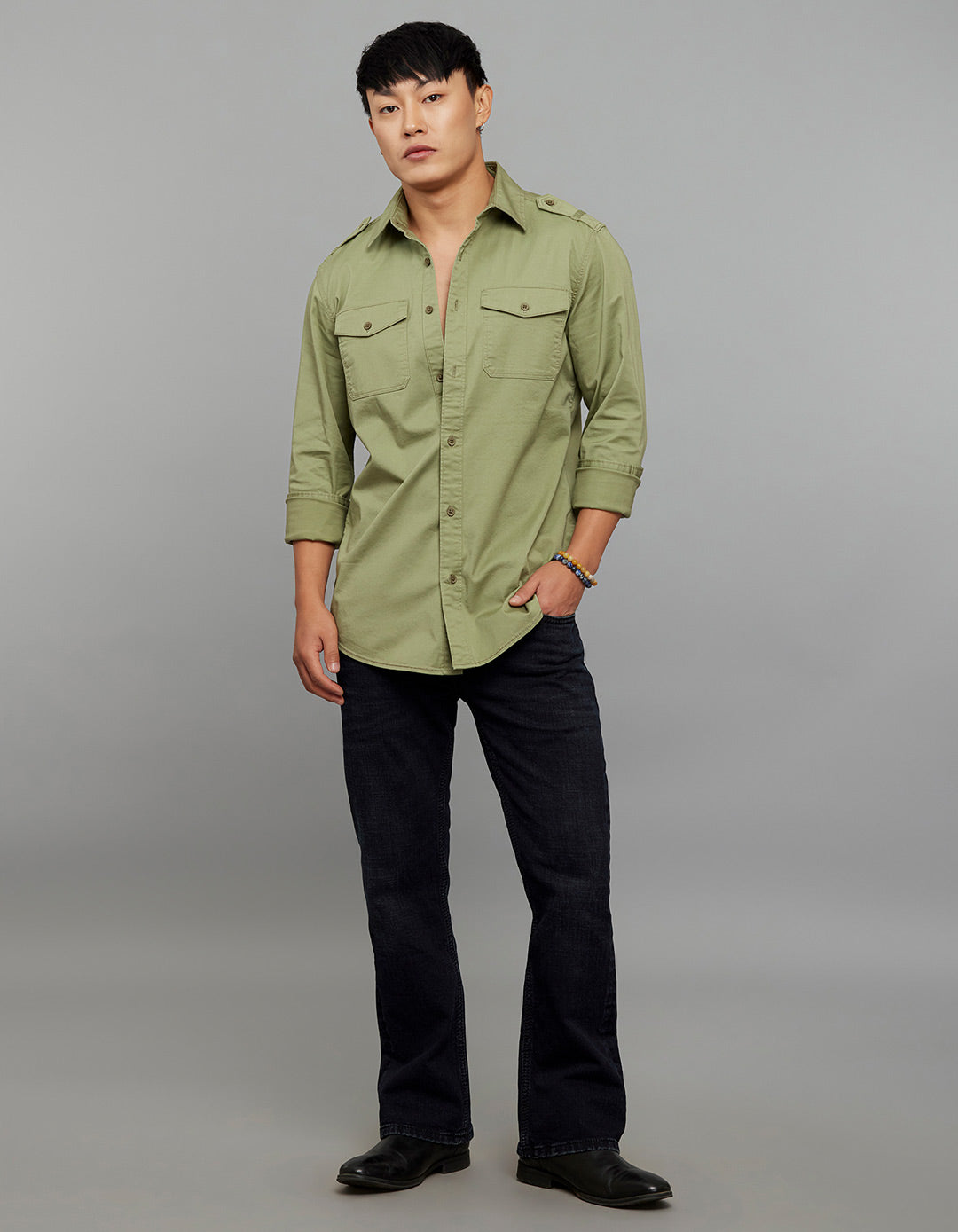 Oil Green  Full Sleeves Cargo Shirt