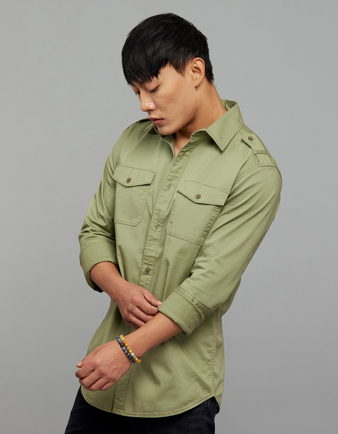 Oil Green  Full Sleeves Cargo Shirt