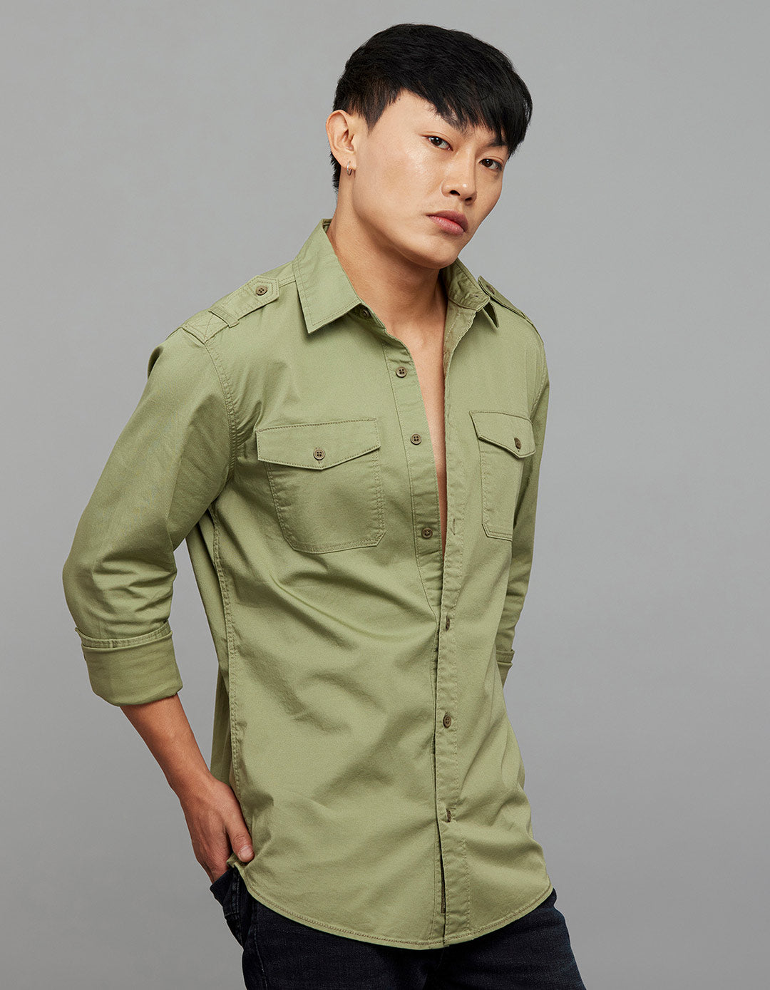 Oil Green  Full Sleeves Cargo Shirt