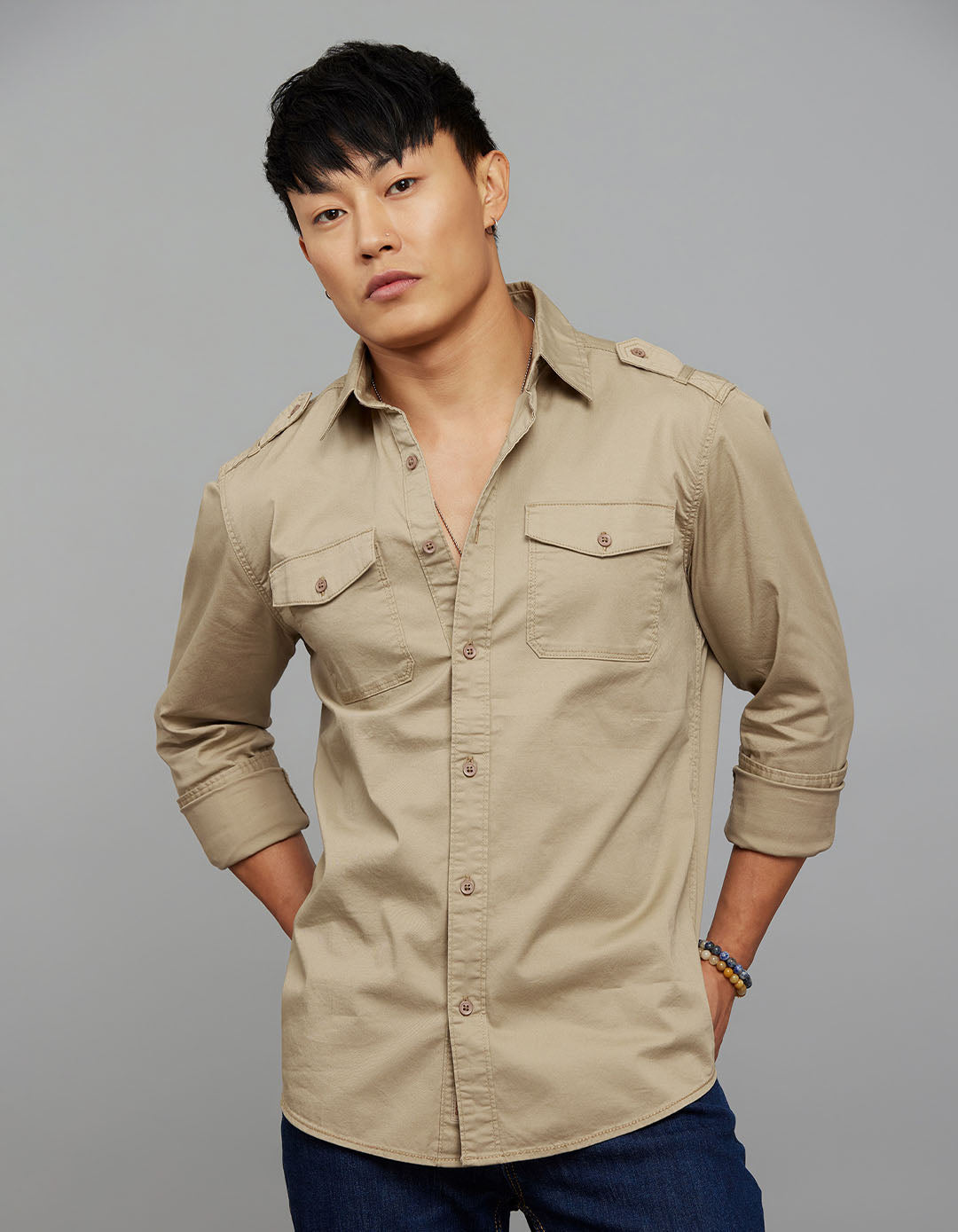 Light Sand Full Sleeves Cargo Shirt