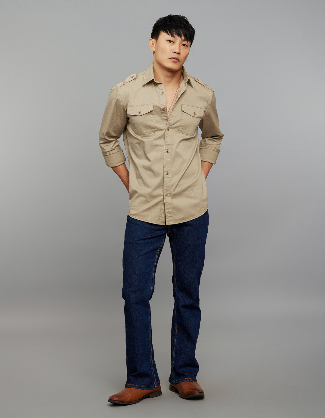 Light Sand Full Sleeves Cargo Shirt