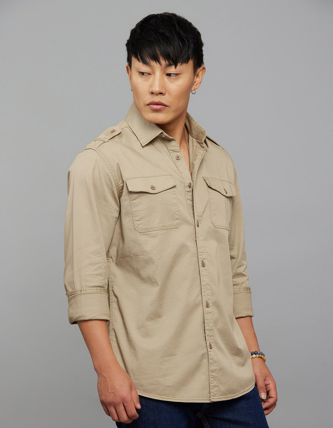 Light Sand Full Sleeves Cargo Shirt