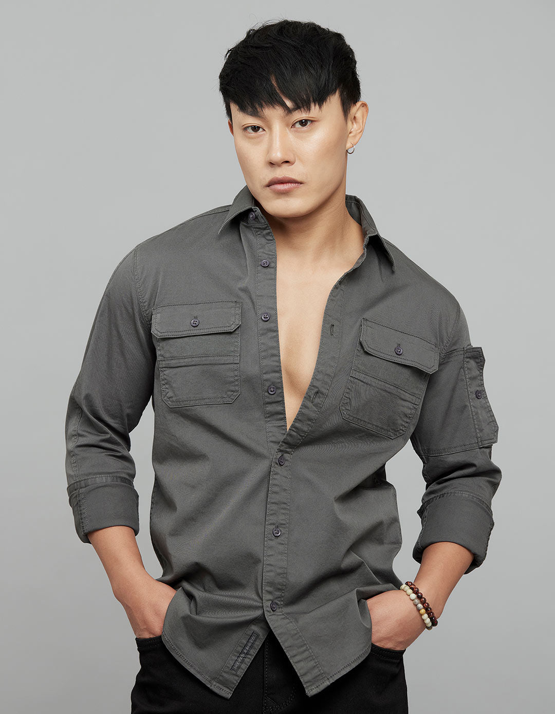 Charcoal Full Sleeves Cargo Shirt