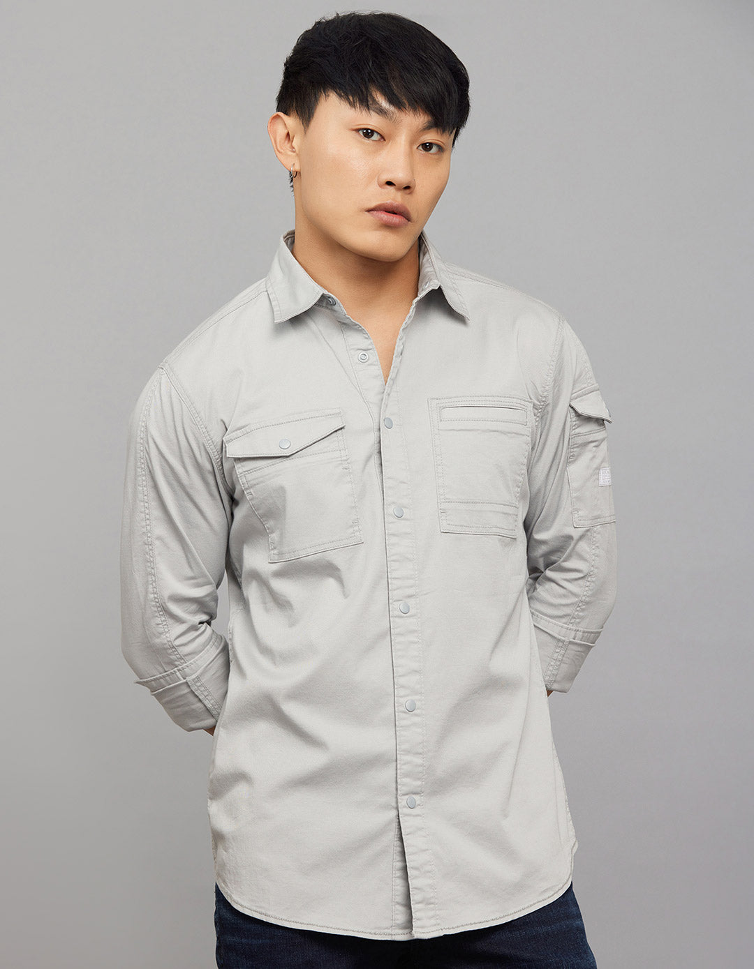 Light Grey Full Sleeves Cargo Shirt