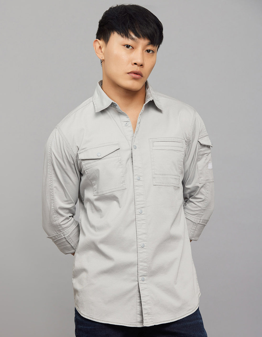 Light Grey Full Sleeves Cargo Shirt