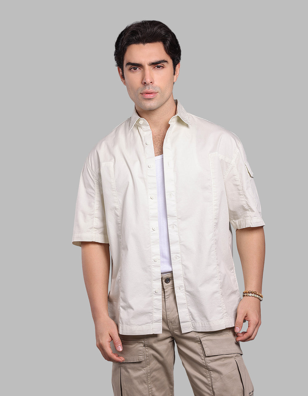 Off White Half Sleeve Oversized Stretch Cargo Shirt