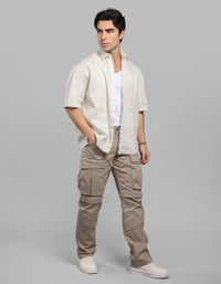 Off White Half Sleeve Oversized Stretch Cargo Shirt