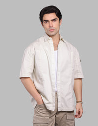 Off White Half Sleeve Oversized Stretch Cargo Shirt