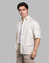 Off White Half Sleeve Oversized Stretch Cargo Shirt