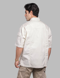 Off White Half Sleeve Oversized Stretch Cargo Shirt