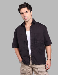 Jet Black Half Sleeve Oversized Stretch Cargo Shirt