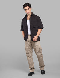 Jet Black Half Sleeve Oversized Stretch Cargo Shirt