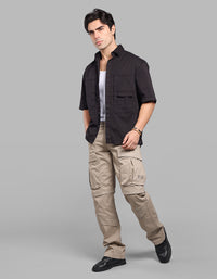 Jet Black Half Sleeve Oversized Stretch Cargo Shirt