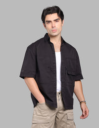 Jet Black Half Sleeve Oversized Stretch Cargo Shirt