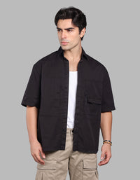 Jet Black Half Sleeve Oversized Stretch Cargo Shirt