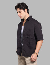 Jet Black Half Sleeve Oversized Stretch Cargo Shirt