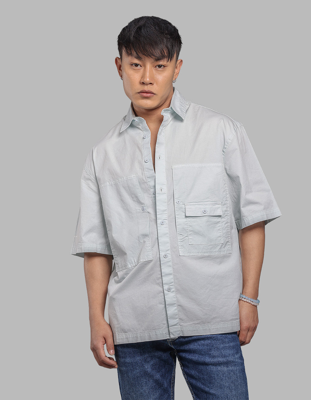 Sky Blue Half Sleeve Oversized Stretch Cargo Shirt