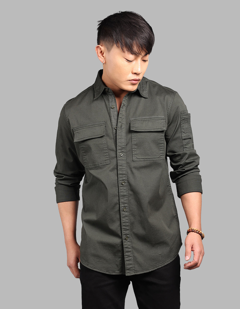 Military Green Full Sleeve Stretch Cargo Shirt