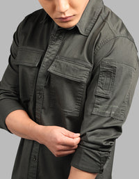 Military Green Full Sleeve Stretch Cargo Shirt