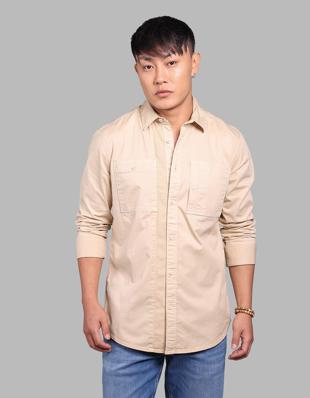 Khaki Full Sleeve Stretch Cargo Shirt