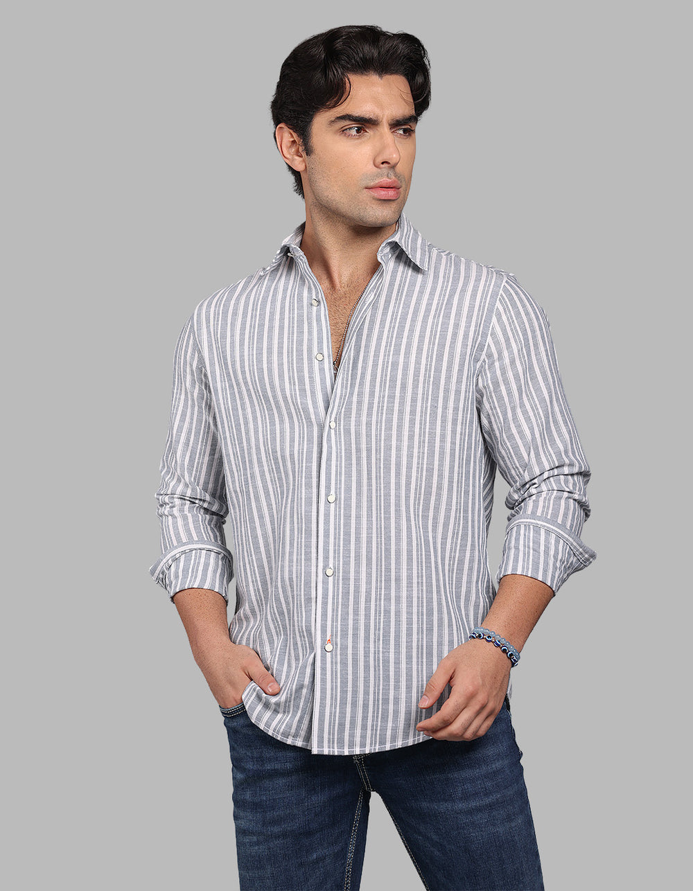 Lt Grey Full Sleeve Linen Blend Stripe Shirt