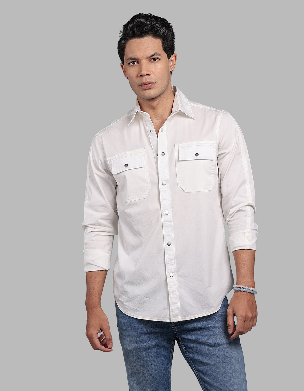 White Full Sleeve Stretch Solid Shirt