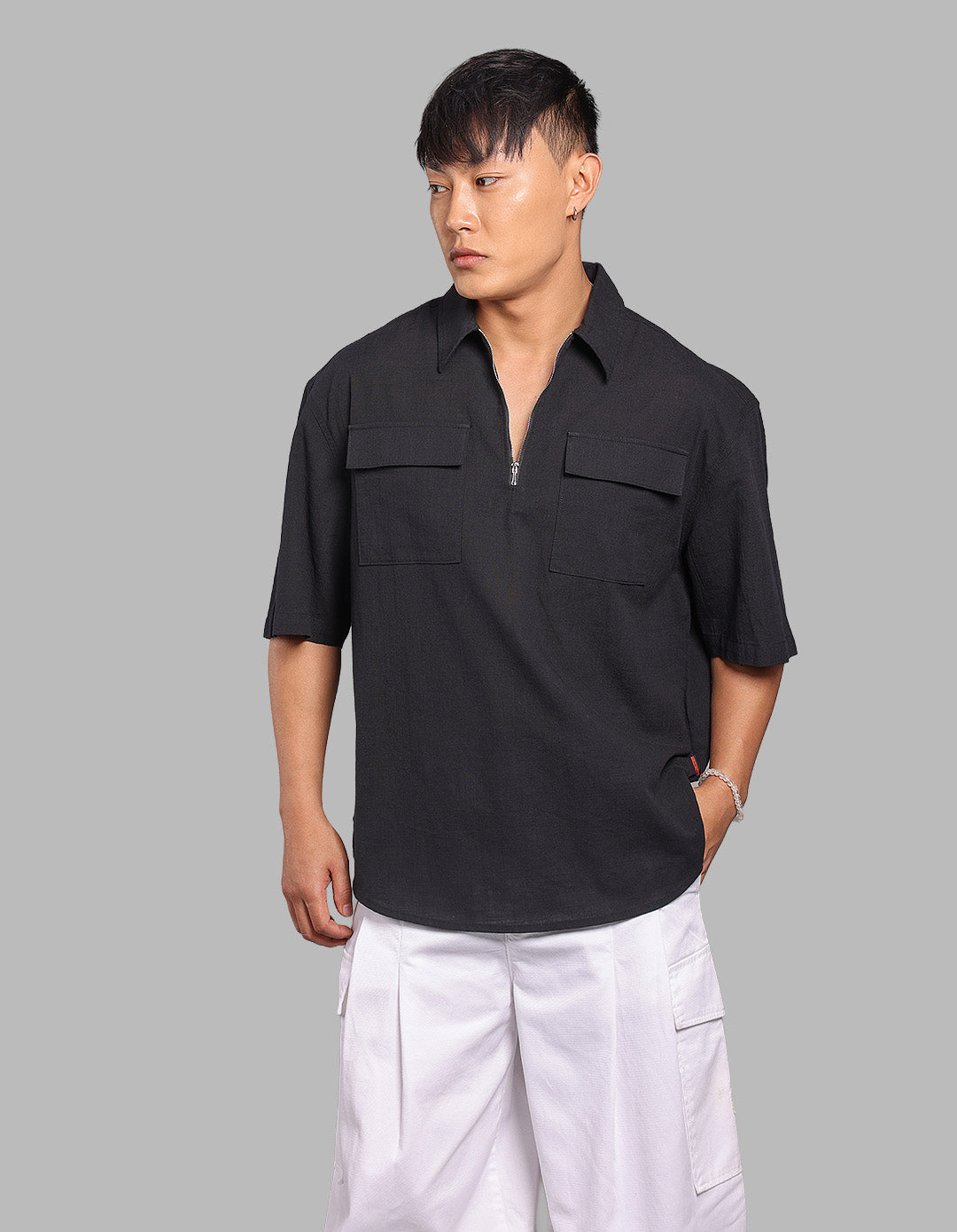 Black Half Sleeve Oversized Solid Shirt