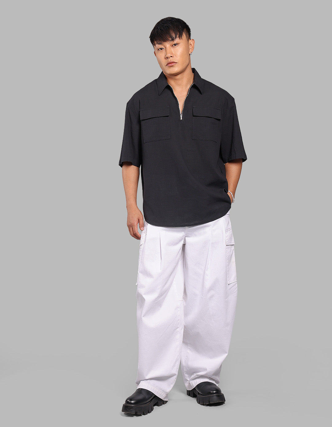 Black Half Sleeve Oversized Solid Shirt