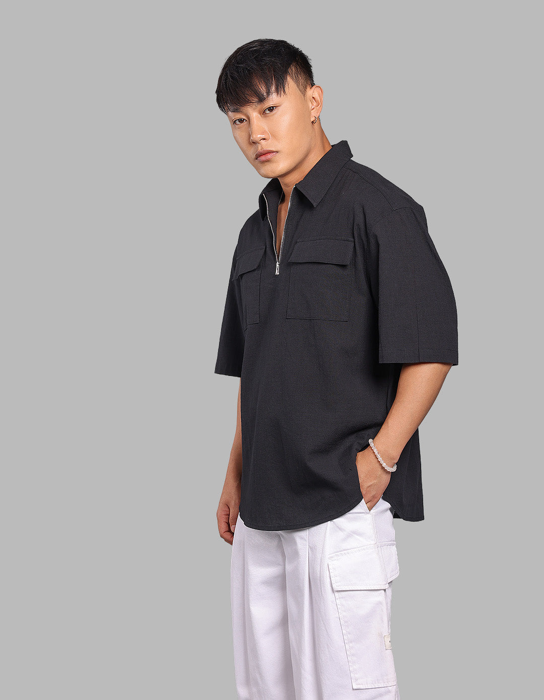 Black Half Sleeve Oversized Solid Shirt