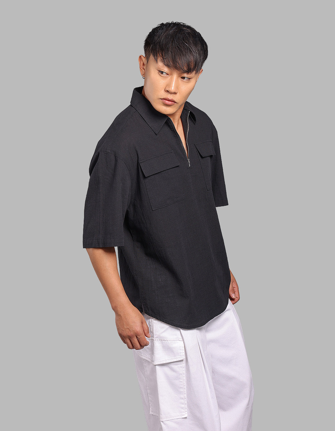 Black Half Sleeve Oversized Solid Shirt
