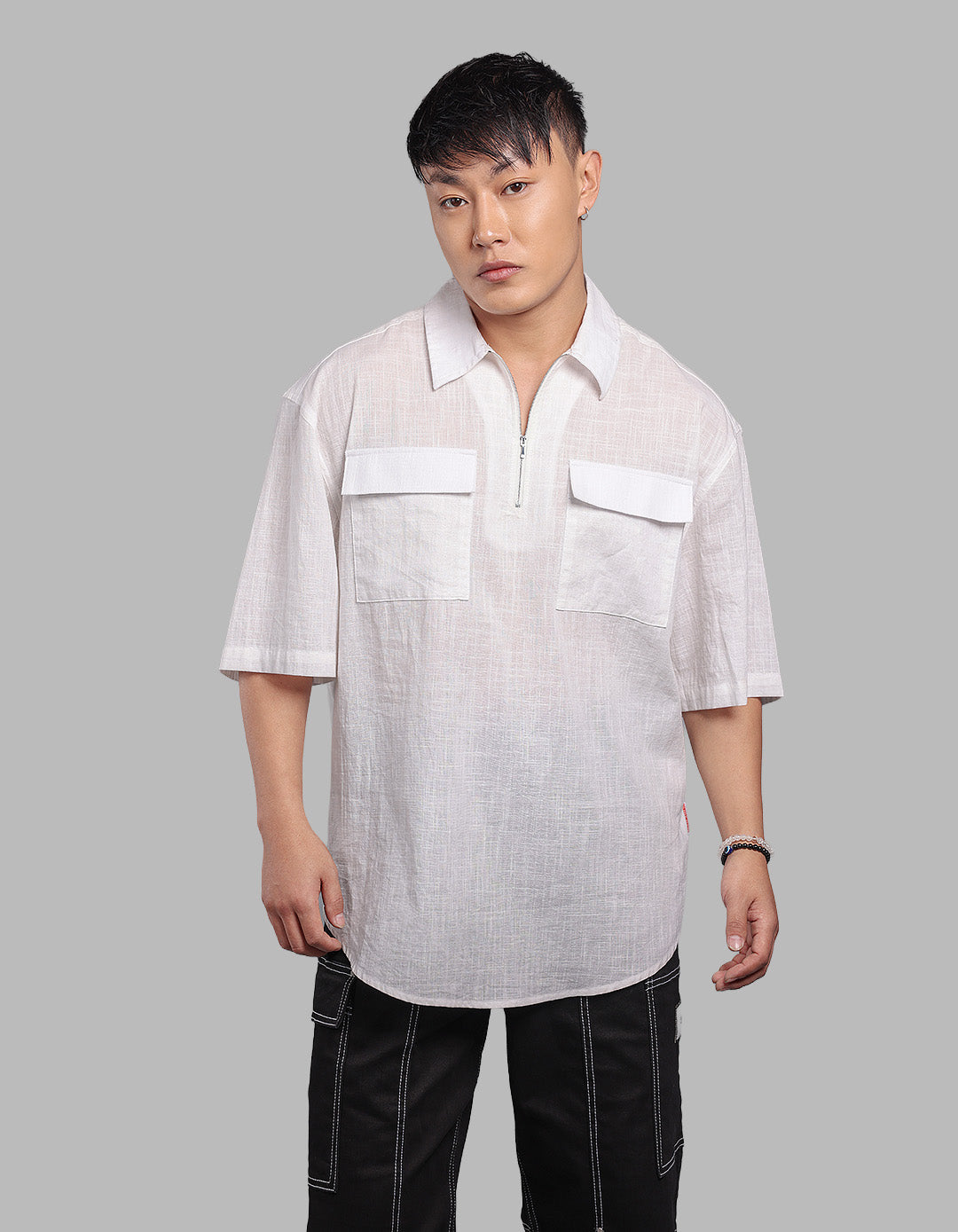 White Half Sleeve Oversized Solid Shirt