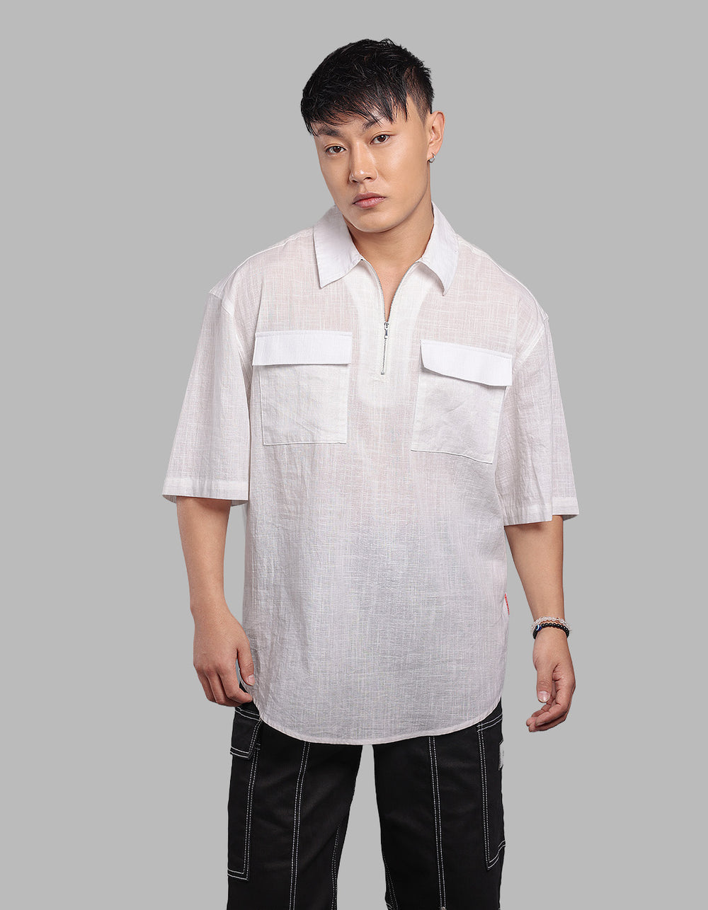 White Half Sleeve Oversized Solid Shirt