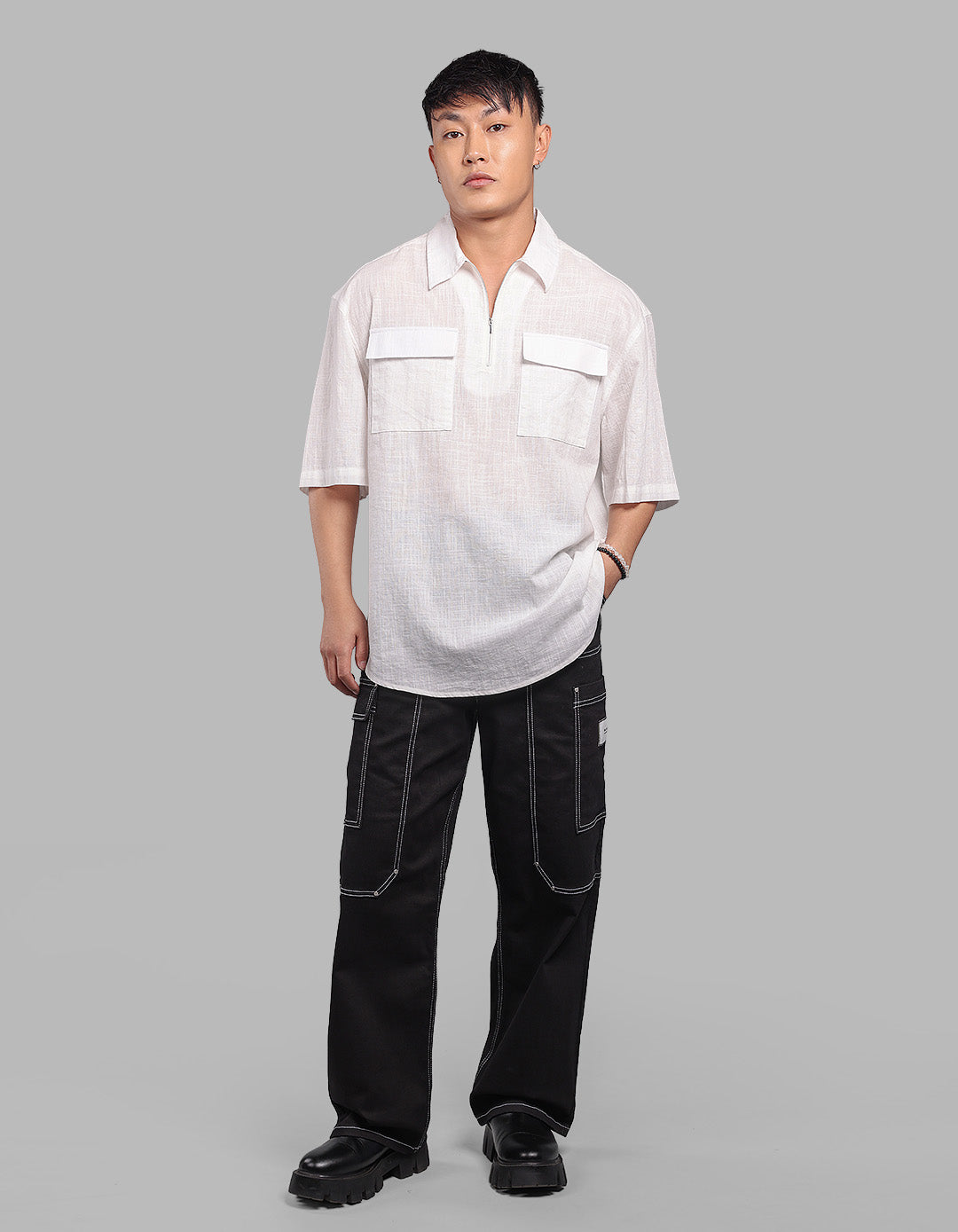 White Half Sleeve Oversized Solid Shirt