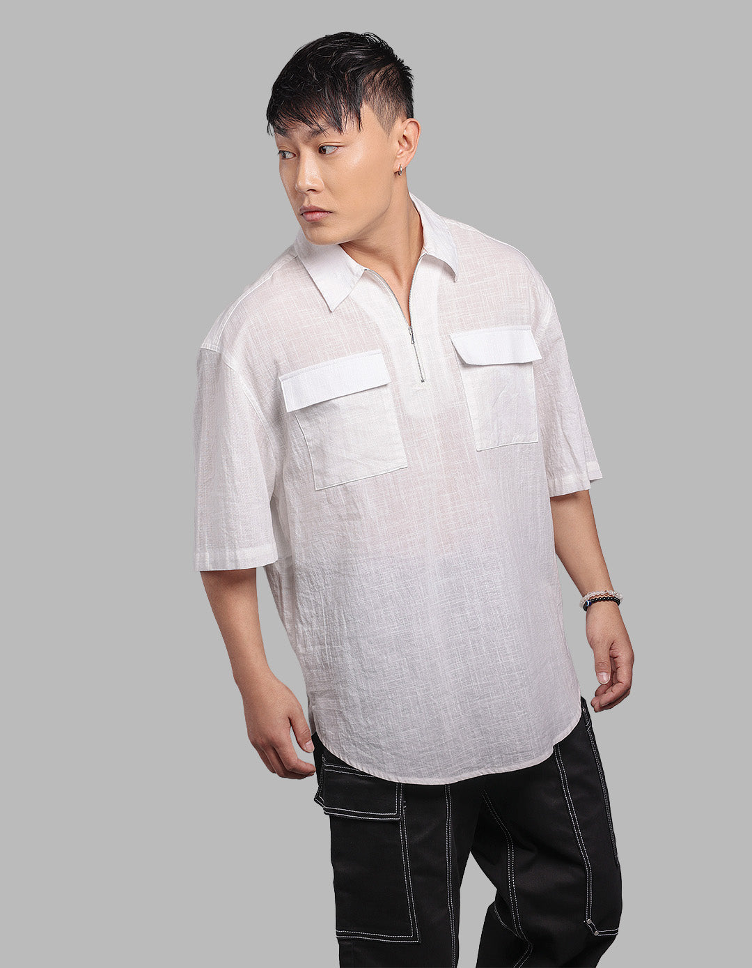 White Half Sleeve Oversized Solid Shirt