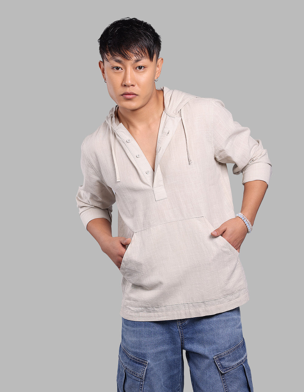 Stone 100% Cotton Full Sleeve Oversized Solid Shirt
