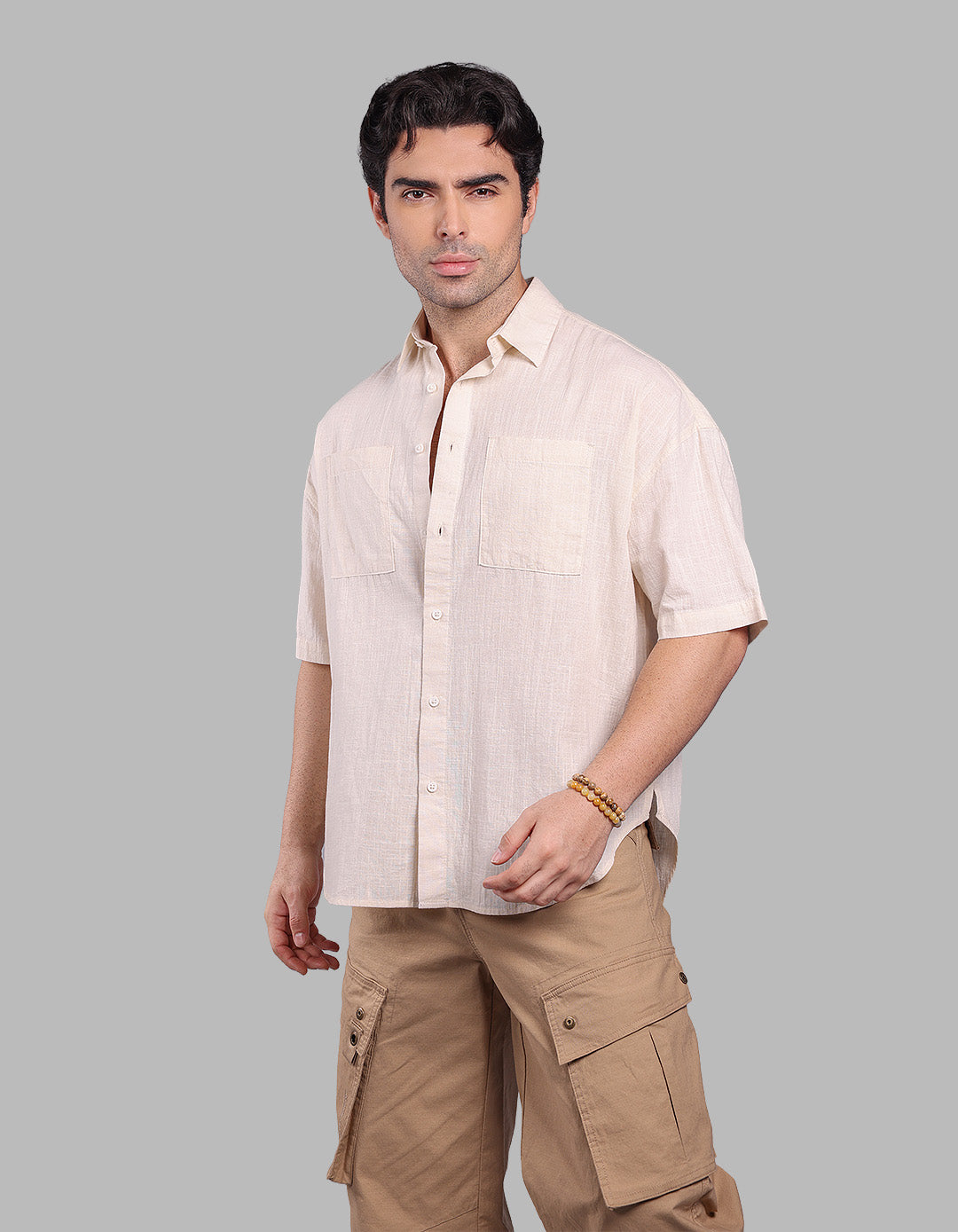 Lt Beige Half Sleeve Oversized Solid Shirt