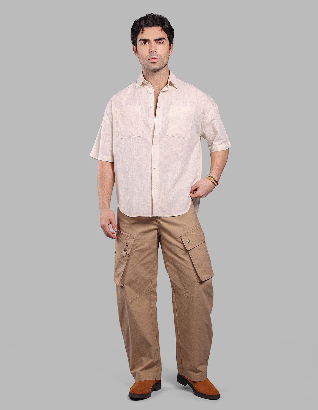 Lt Beige Half Sleeve Oversized Solid Shirt