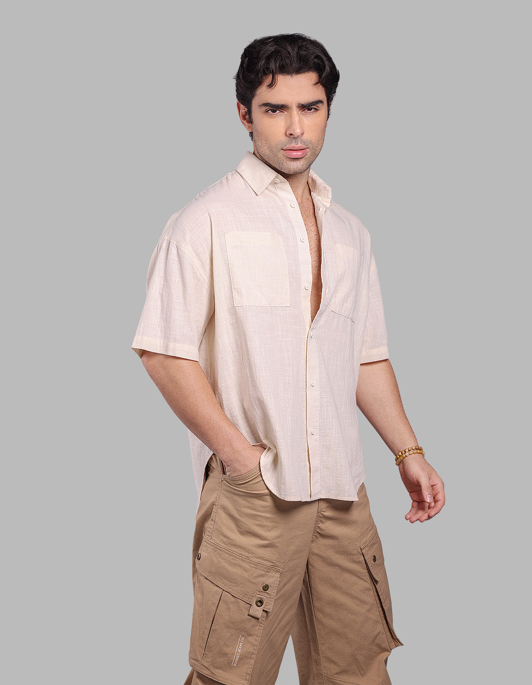 Lt Beige Half Sleeve Oversized Solid Shirt