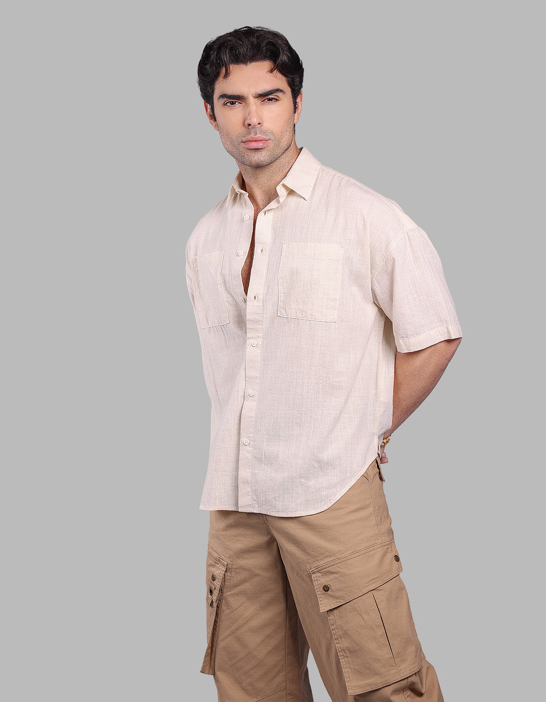 Lt Beige Half Sleeve Oversized Solid Shirt