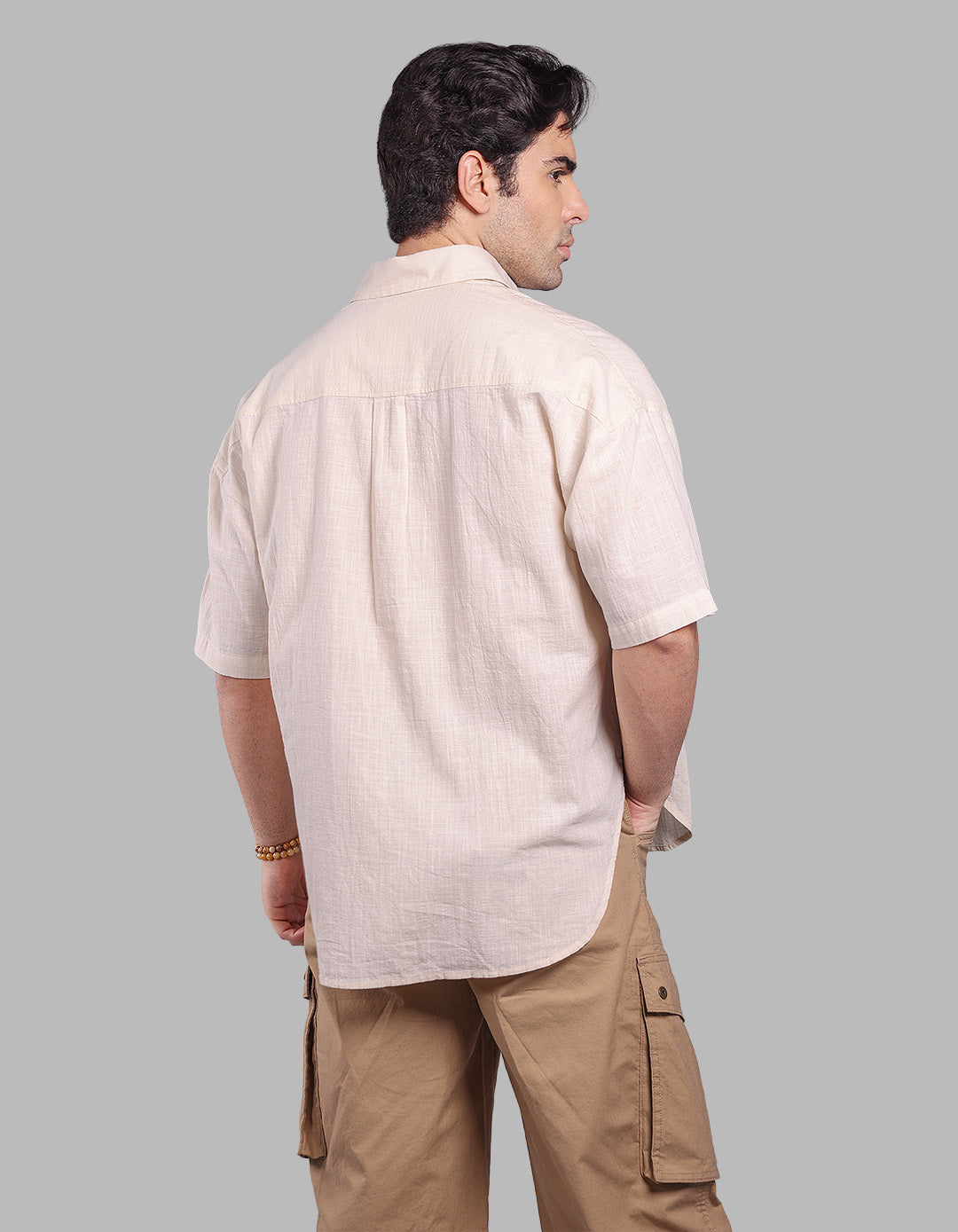 Lt Beige Half Sleeve Oversized Solid Shirt