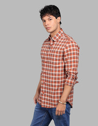 Rust Full Sleeve Linen Blend Check Shirt
