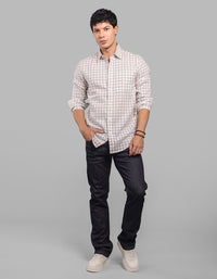 Beige White Full Sleeve Linen Blend Check Shirt