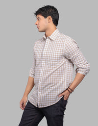 Beige White Full Sleeve Linen Blend Check Shirt