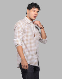 Beige White Full Sleeve Linen Blend Check Shirt