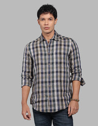 Green Navy Full Sleeve Linen Blend Check Shirt