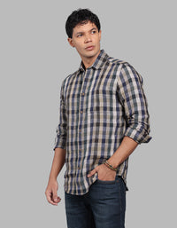 Green Navy Full Sleeve Linen Blend Check Shirt