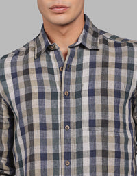 Green Navy Full Sleeve Linen Blend Check Shirt