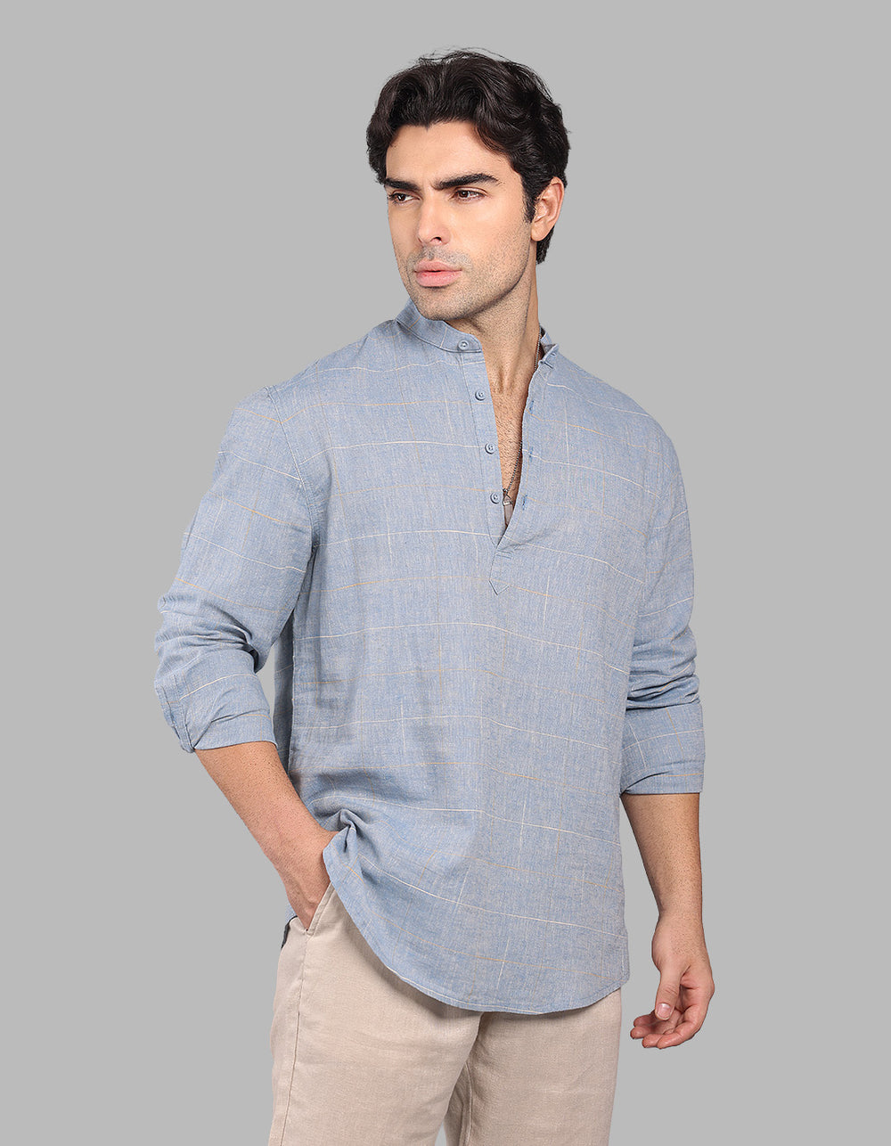 Blue Relax Slim Fit Linen Blend Short Kurta